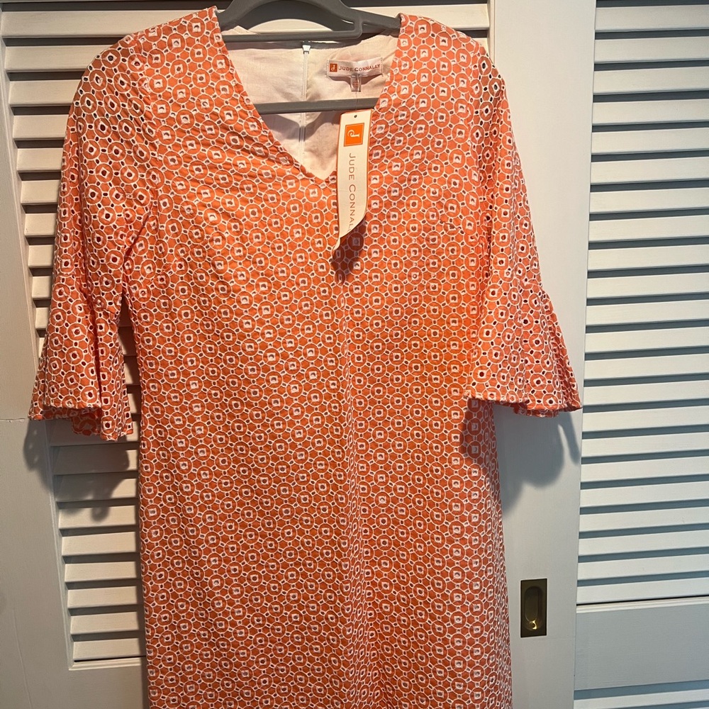 Jude Connally Coral Orange Embroidered Geometric Dress